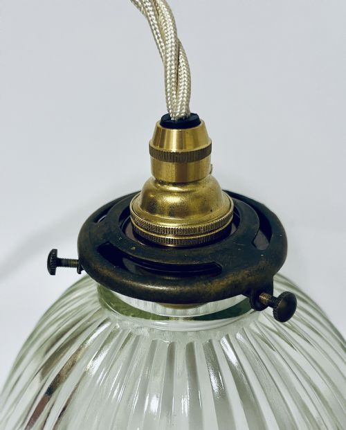PAIR OF ANTIQUE GLASS HOLOPHANE PENDANT LIGHTS - ADDITIONAL PHOTO 2
