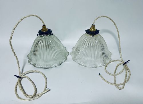 PAIR OF ANTIQUE GLASS HOLOPHANE PENDANT LIGHTS - ADDITIONAL PHOTO 3