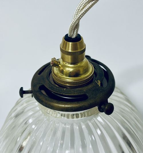 PAIR OF ANTIQUE GLASS HOLOPHANE PENDANT LIGHTS - ADDITIONAL PHOTO 6