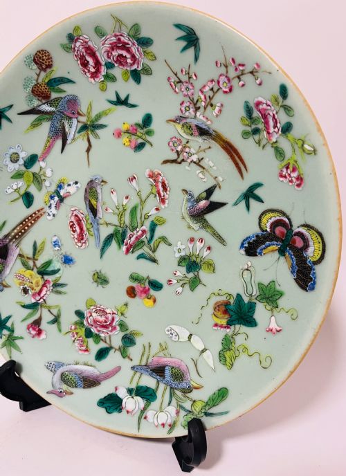 fig 1. Antique Chinese Celadon Famille Rose Plate