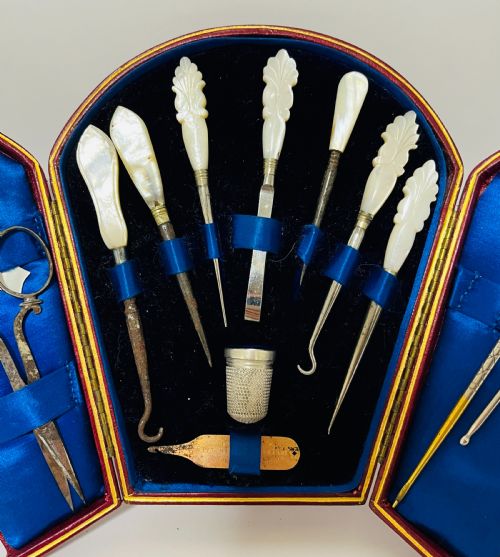 fig 1. Antique Mother of Pearl Sewing / Manicure Kit