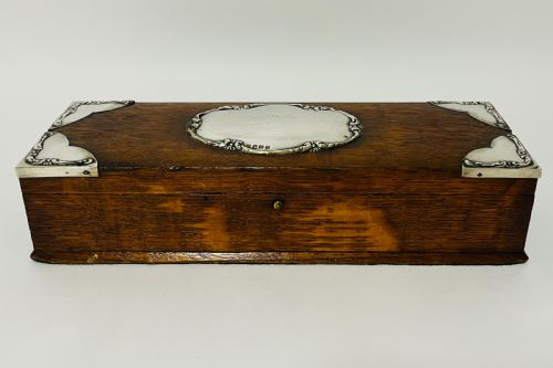 ANTIQUE SILVER MOUNTED OAK BOX