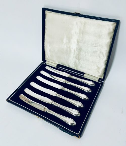 fig 1. A set of six silver-handled butter knives arranged in a dark velvet and cream satin-lined presentation box.