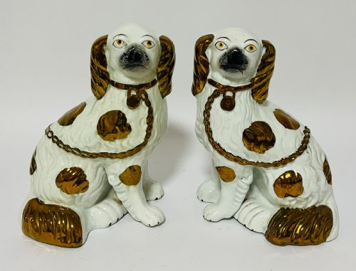 Pair Victorian Copper Lustre Staffordshire Dogs