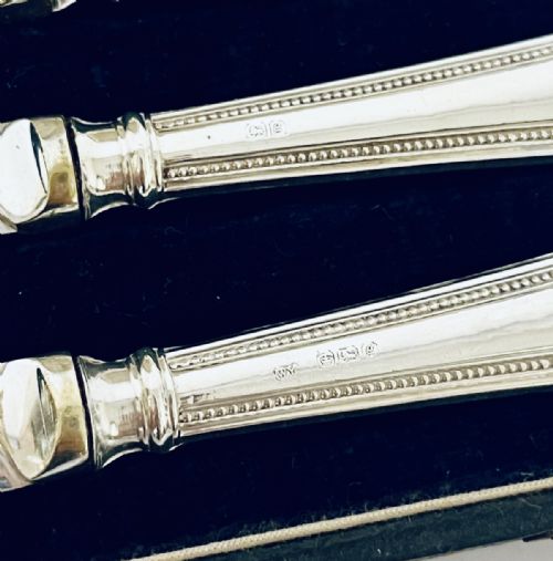 fig 2. A set of six antique silver-handled butter knives arranged inside a velvet and satin lined presentation case.