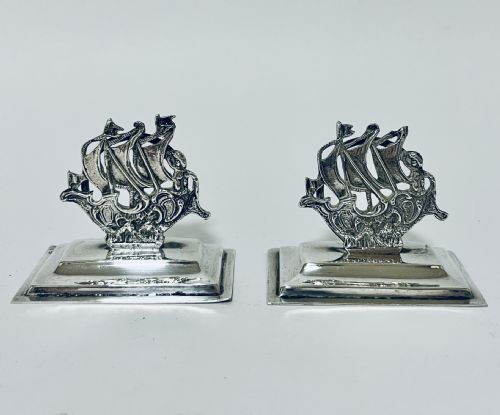 Pair of Antique Silver Galleon Menu Holders