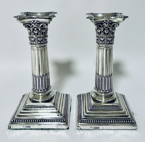 Pair of Antique Corinthian Column Silver Candlesticks
