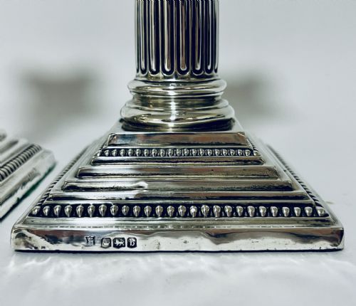 fig 1. Pair of Antique Corinthian Column Silver Candlesticks