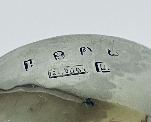 A Georgian Irish silver punch ladle with a circular polished silver bowl and a long turned dark wooden handle. View VII