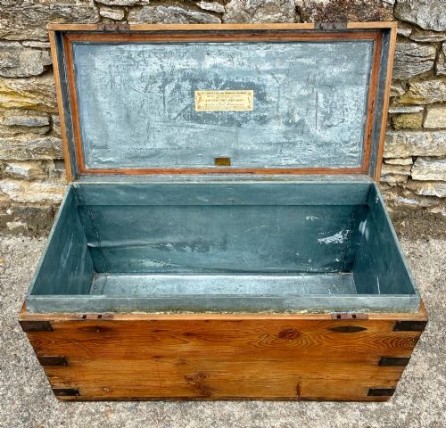 ANTIQUE PINE ZINC LINED CAMPAIGN TRUNK - ADDITIONAL PHOTO 2