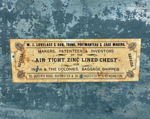 ANTIQUE PINE ZINC LINED CAMPAIGN TRUNK - ADDITIONAL PHOTO 4