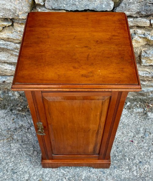 fig 1. An Edwardian warm brown walnut pot cupboard featuring a single panelled door with a brass handle and reeded side moulding.