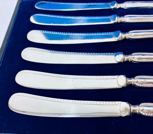 fig 3. A cased set of six silver-handled butter knives with rounded blades displayed in a dark velvet-lined presentation box.