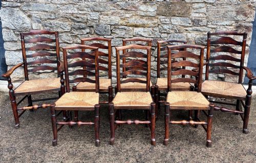 Eight 19th Century Ash and Elm Lancashire Ladderback Dining Chairs