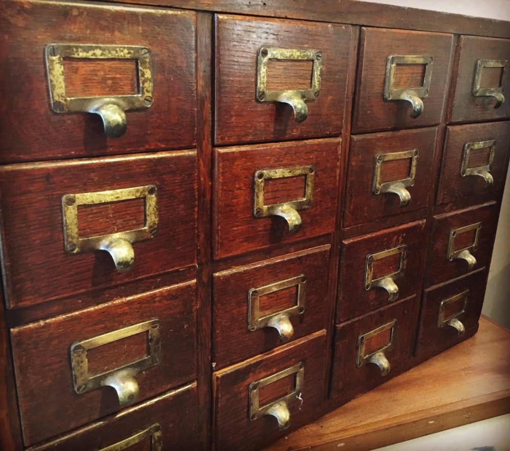 Large Bank of 16 Oak Filing Drawers