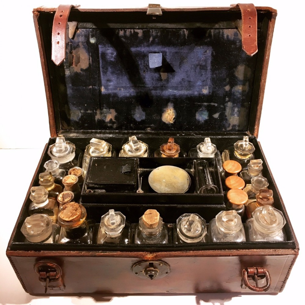 Antique Victorian Leather Doctor's Apothecary Medicine Case with Bottles