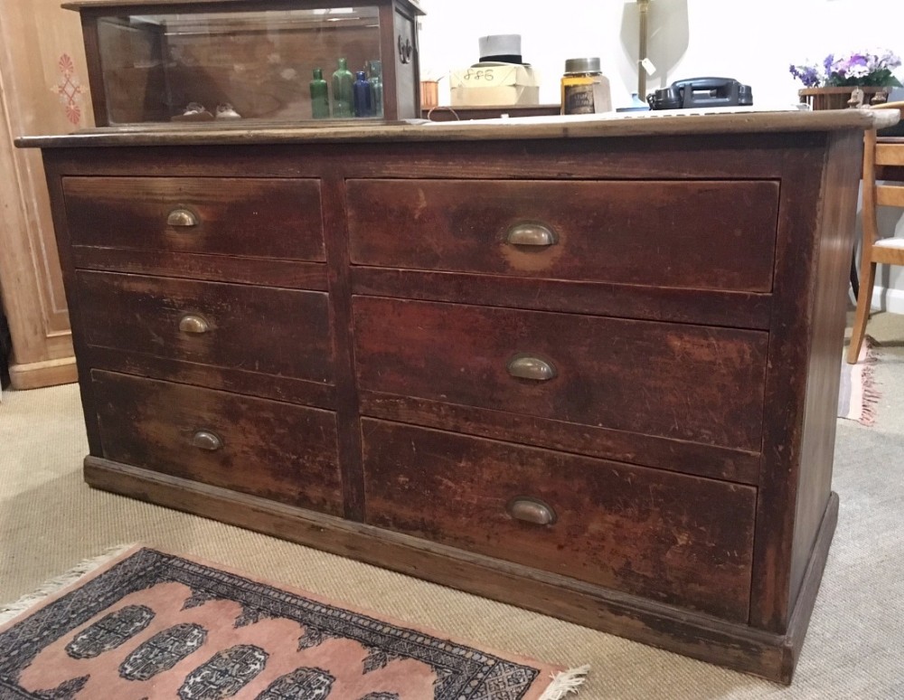Antique Pine Shop Counter with 6 Drawers in the Original Paint
