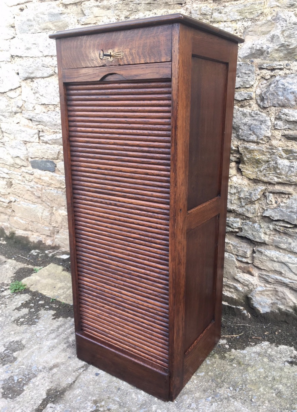 Antique Tambour Fronted Tall Oak Filing Cabinet