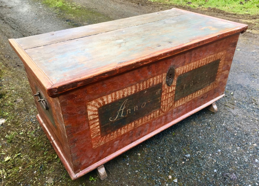 Large Antique Swedish Painted Pine Marriage Chest 1835 View II