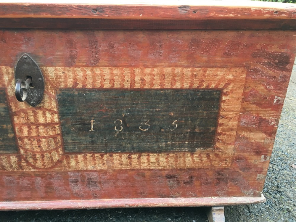 Large Antique Swedish Painted Pine Marriage Chest 1835 View III