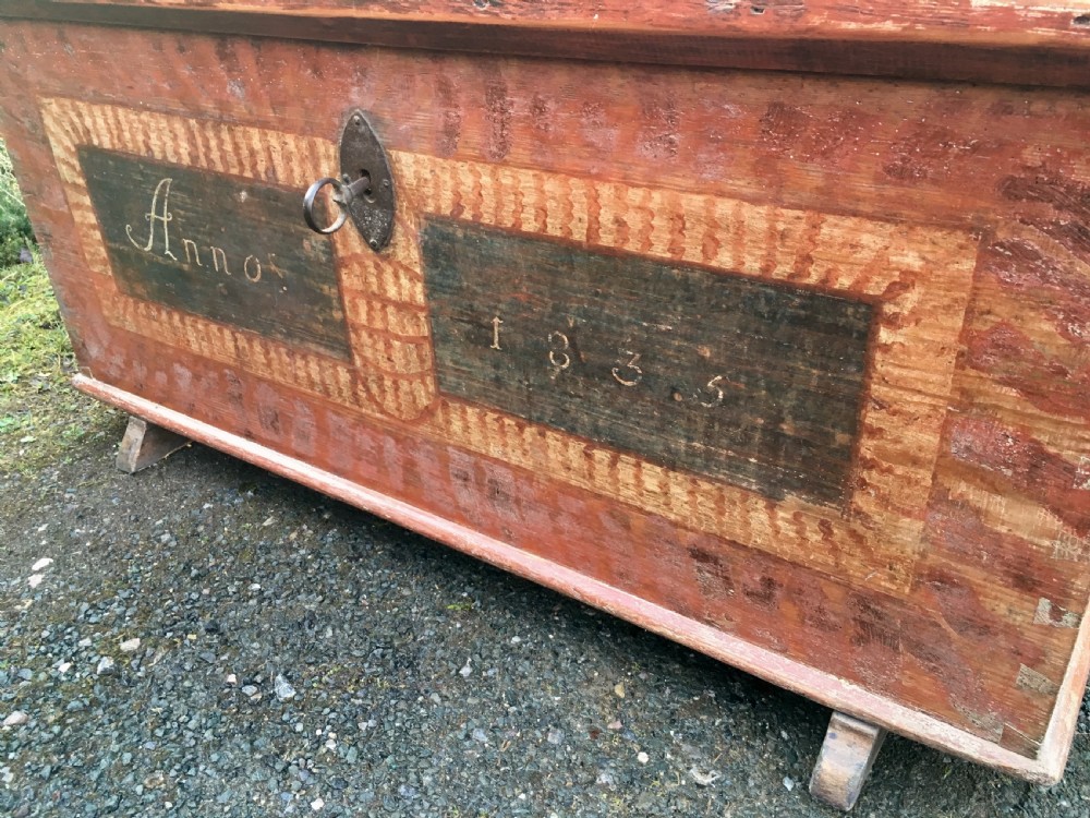 Large Antique Swedish Painted Pine Marriage Chest 1835 View IV