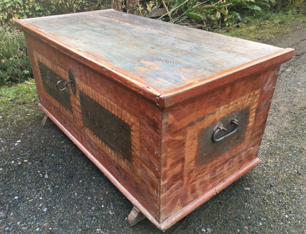 Large Antique Swedish Painted Pine Marriage Chest 1835 View V