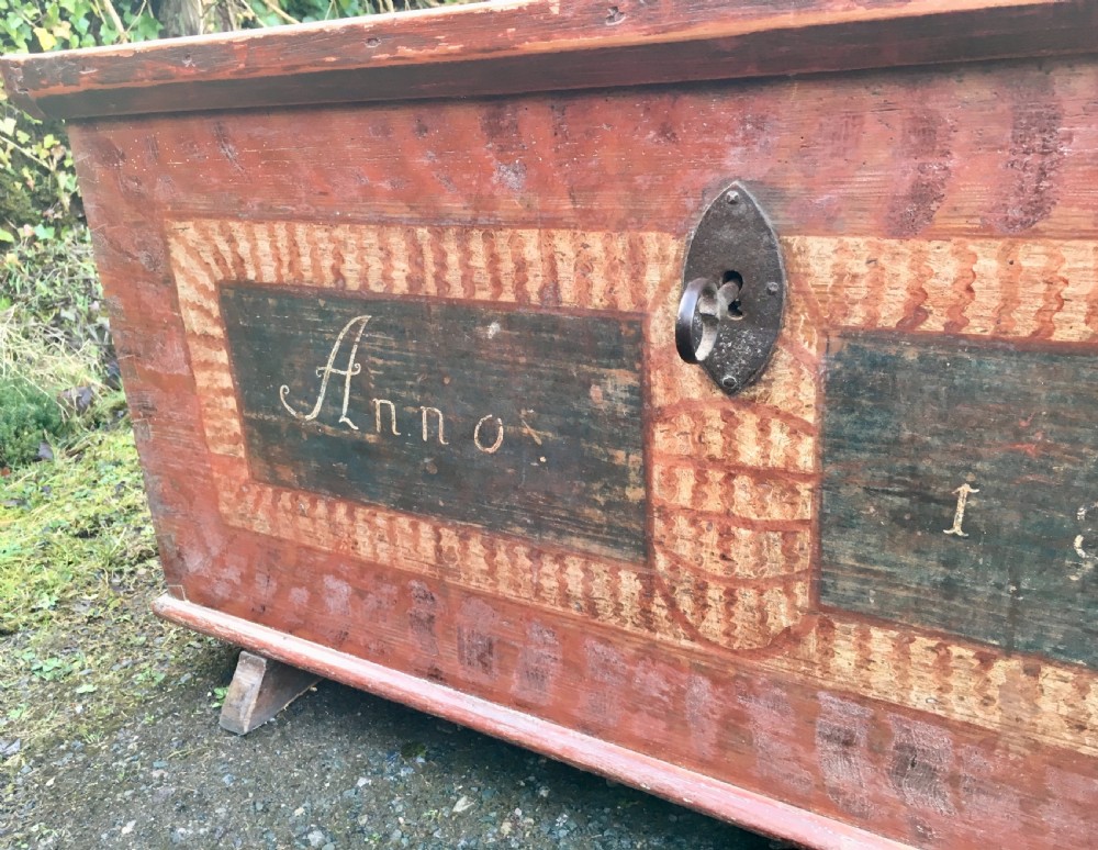 Large Antique Swedish Painted Pine Marriage Chest 1835 View VI