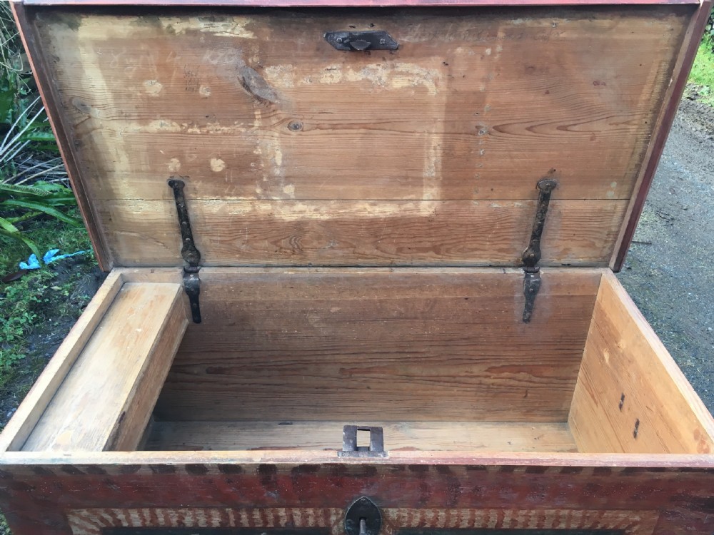 Large Antique Swedish Painted Pine Marriage Chest 1835 View XVII