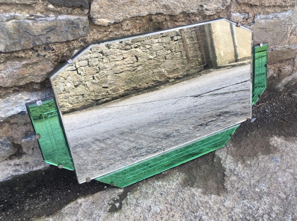 Antique Art Deco Wall Mirror with Green Glass View II
