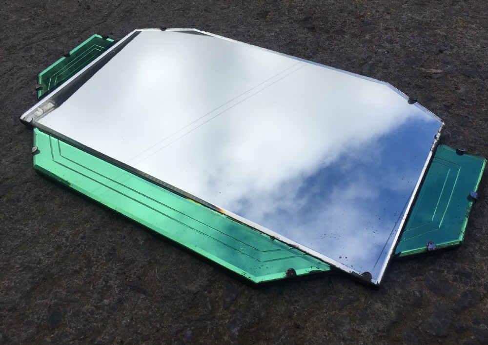 Antique Art Deco Wall Mirror with Green Glass View III
