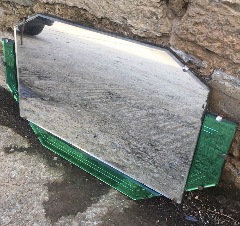 Antique Art Deco Wall Mirror with Green Glass View V