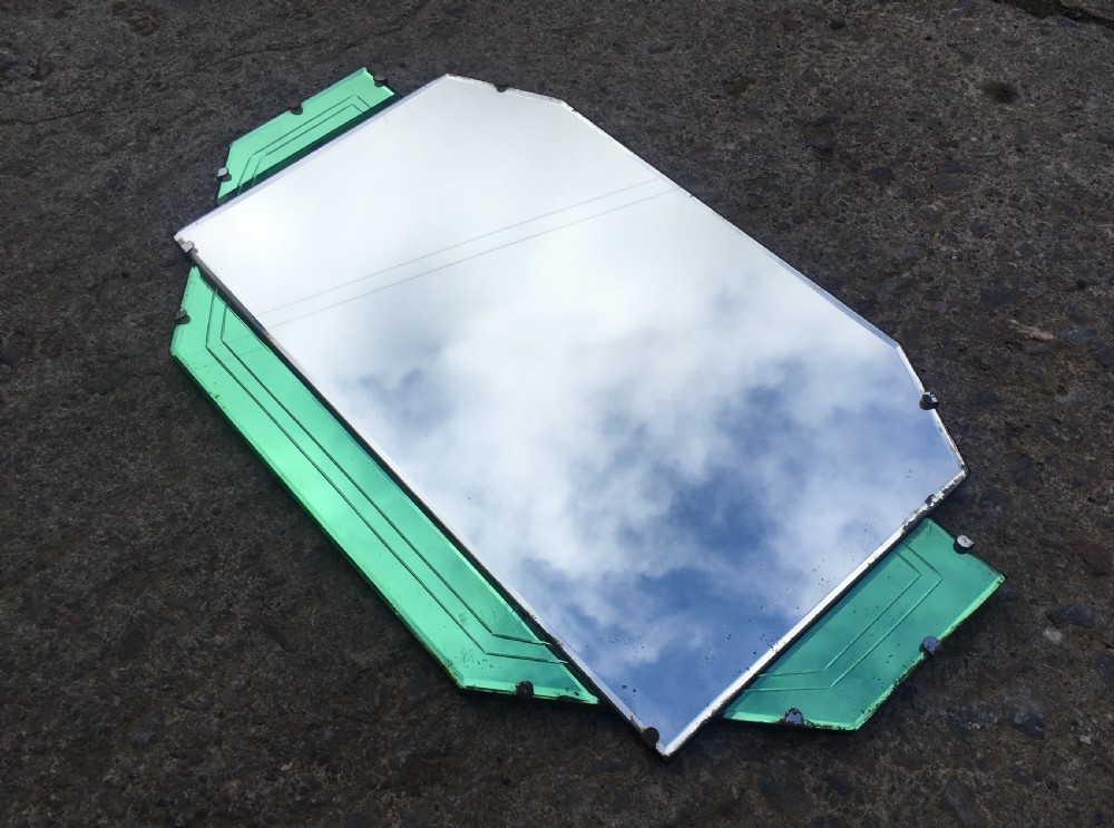 Antique Art Deco Wall Mirror with Green Glass View VI