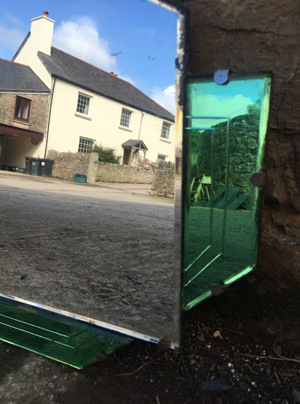Antique Art Deco Wall Mirror with Green Glass View VII