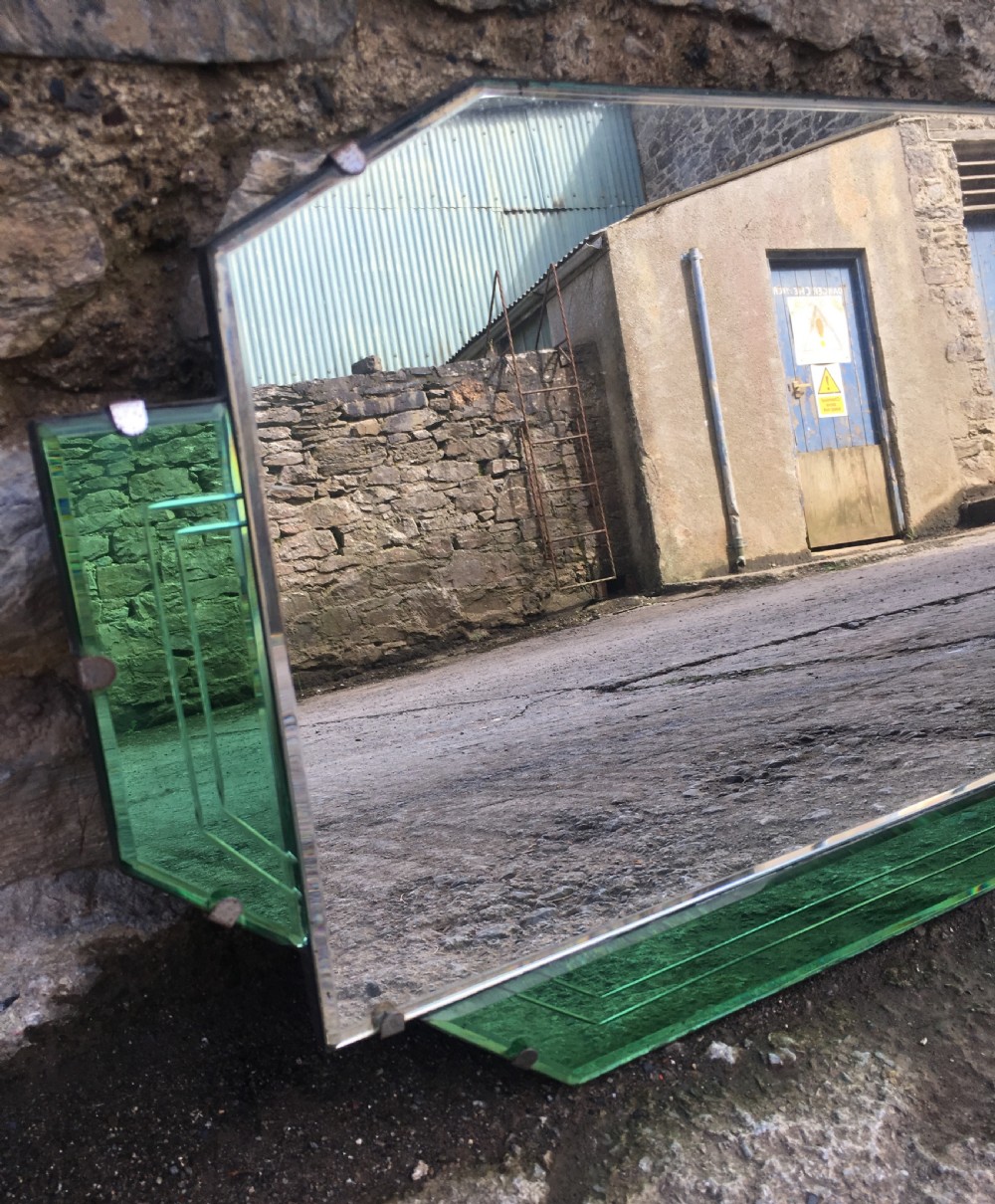 Antique Art Deco Wall Mirror with Green Glass View VIII