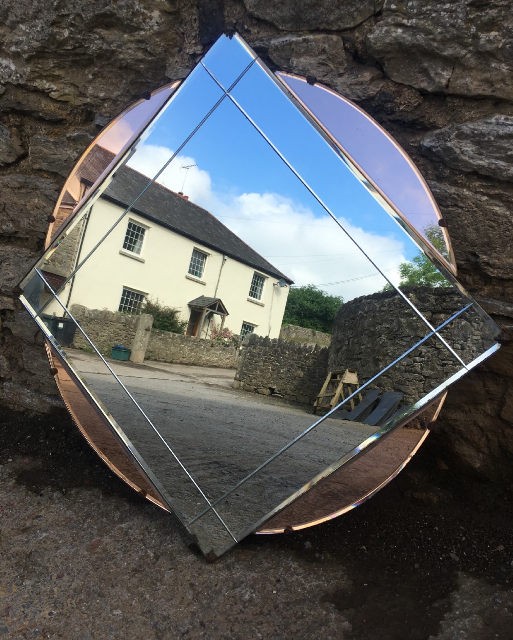 Antique Art Deco Wall Mirror with Peach Glass View VI