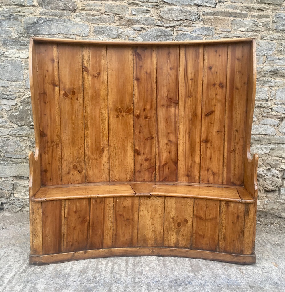 Large Antique Pine High Back Curved Box Settle