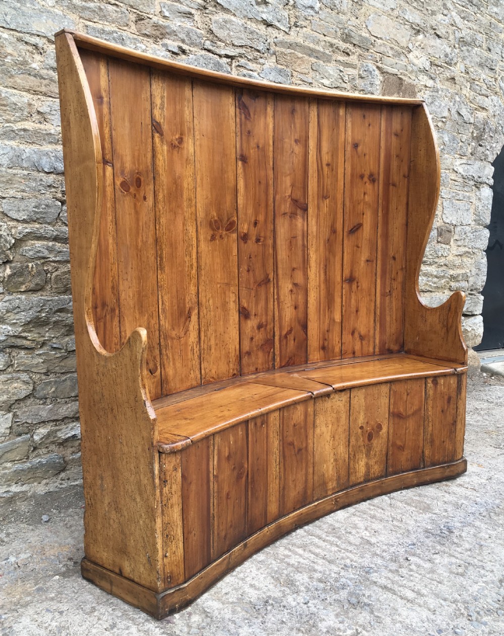 Large Antique Pine High Back Curved Box Settle View III