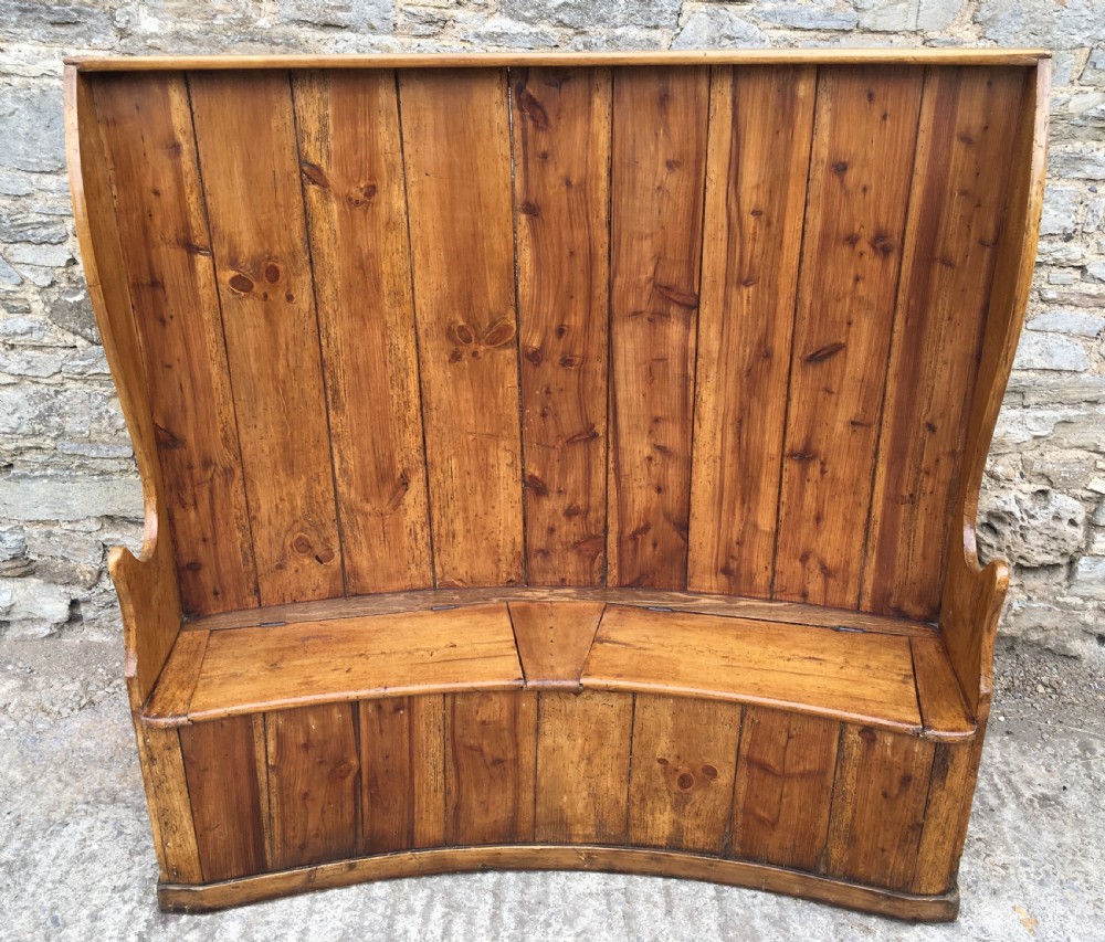 Large Antique Pine High Back Curved Box Settle View IV
