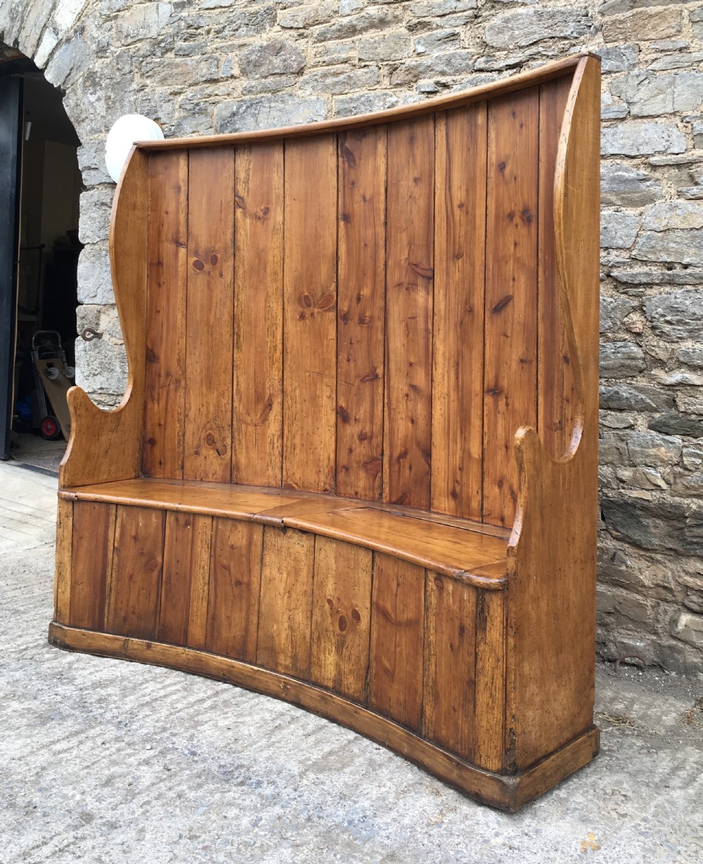 Large Antique Pine High Back Curved Box Settle View V
