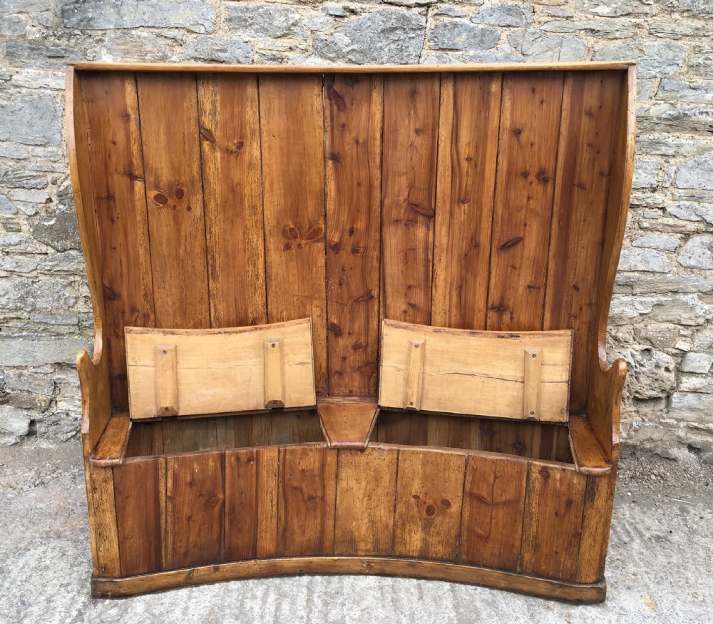 Large Antique Pine High Back Curved Box Settle View VI
