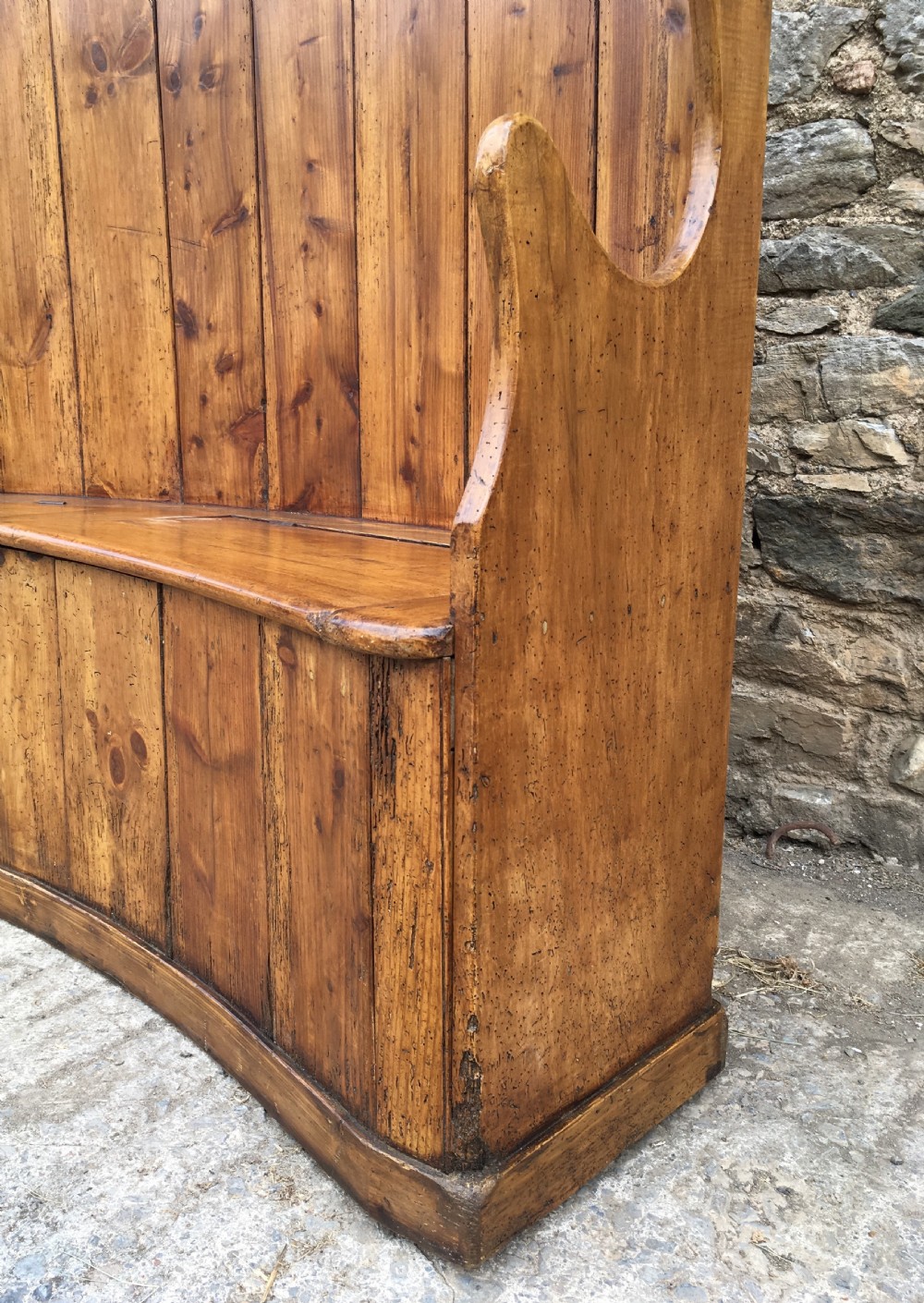 Large Antique Pine High Back Curved Box Settle View VIII