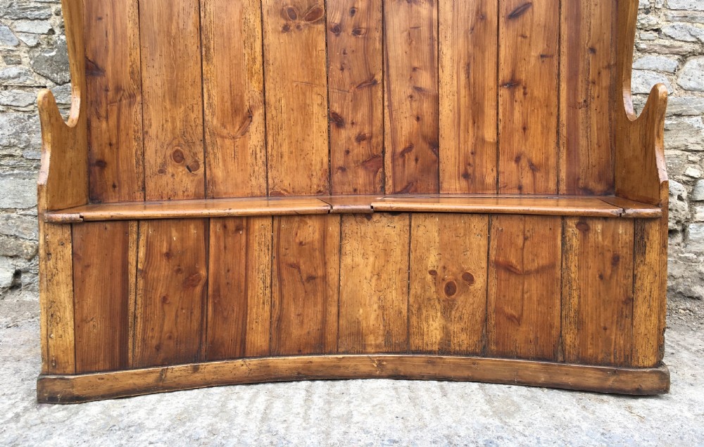 Large Antique Pine High Back Curved Box Settle View XI
