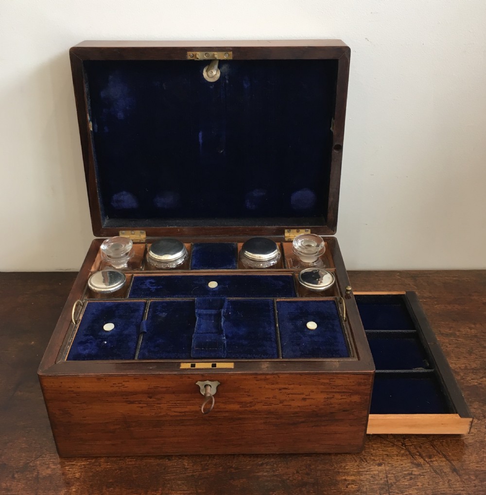 Victorian Rosewood Vanity Box with Silver Plated Bottles and Jewellery Drawer