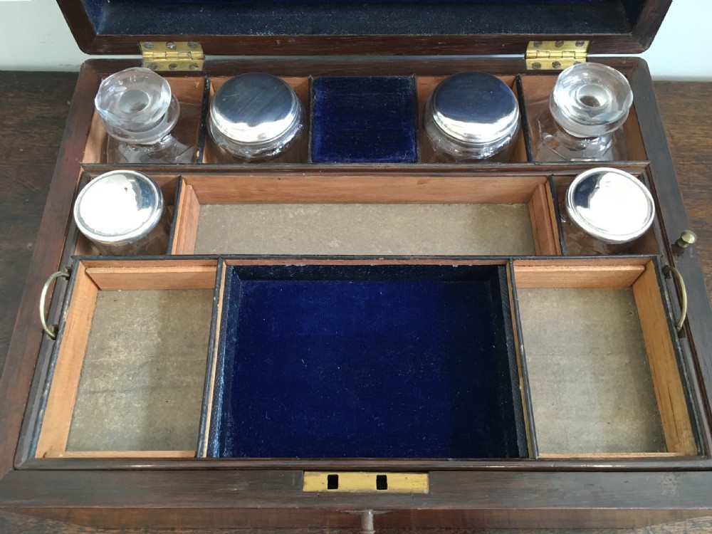 Victorian Rosewood Vanity Box with Silver Plated Bottles and Jewellery Drawer View VI