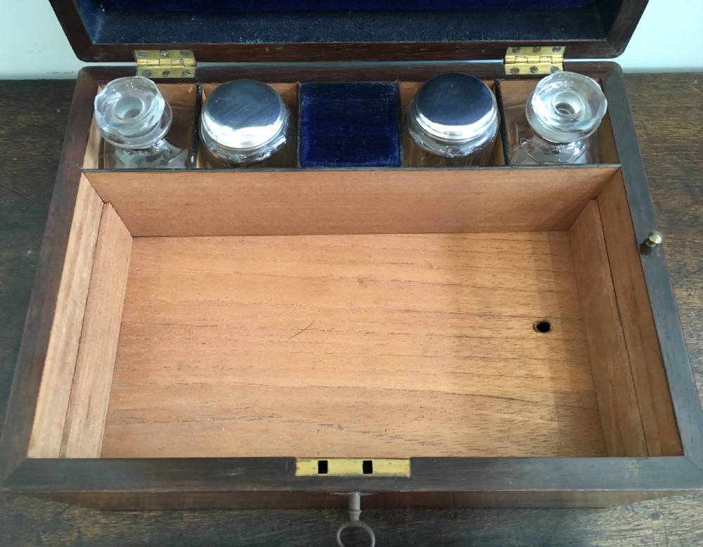 Victorian Rosewood Vanity Box with Silver Plated Bottles and Jewellery Drawer View IX
