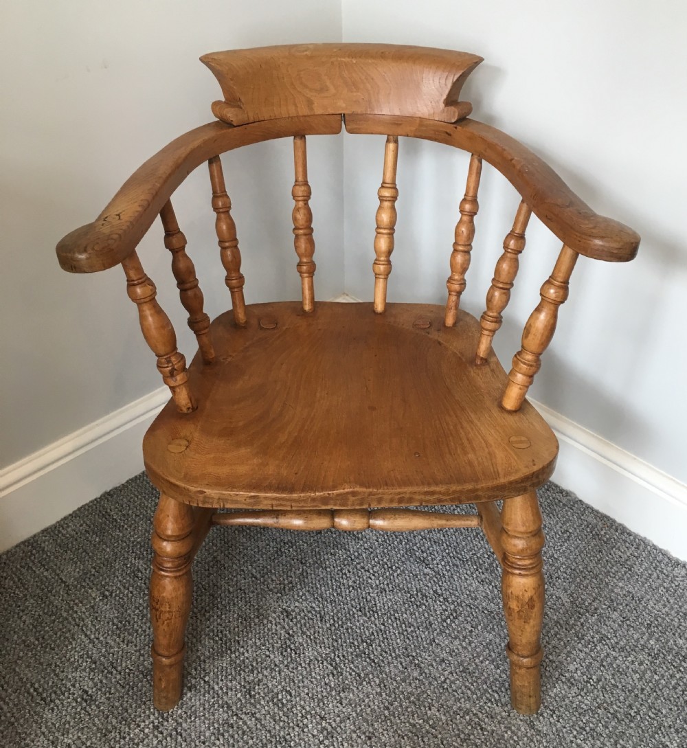 Antique Beech Smokers Bow Armchair by J Elliot and Son