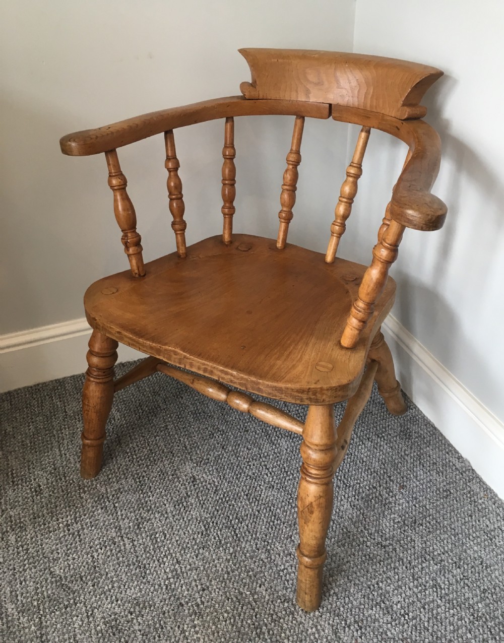 Antique Beech Smokers Bow Armchair by J Elliot and Son View VIII