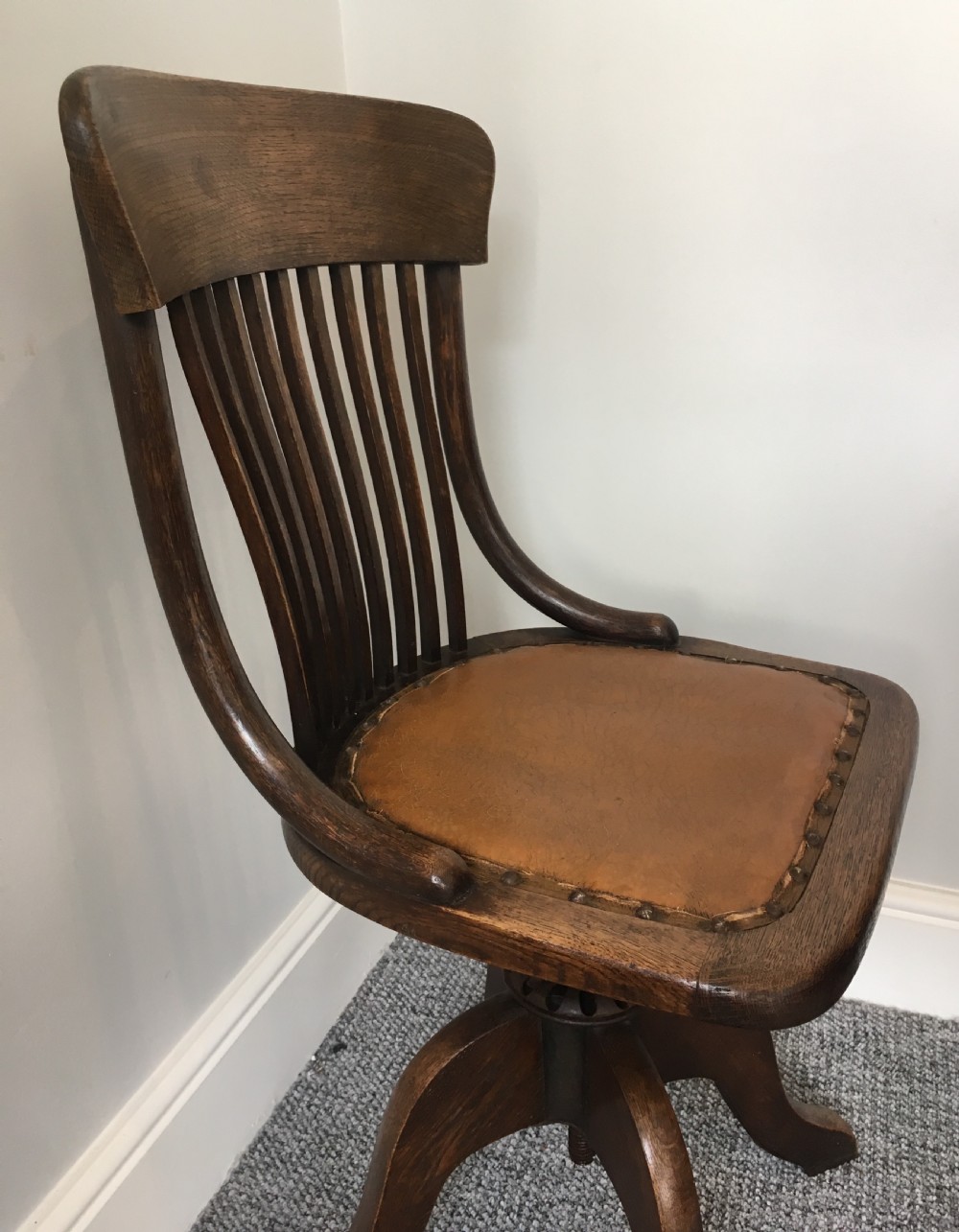 Antique Edwardian Oak Swivel Office Desk Chair View X