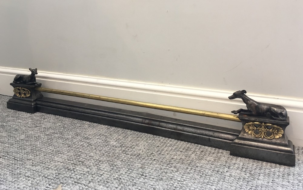 Antique Iron and Brass Extending Fire Fender with Greyhound Mounts View II
