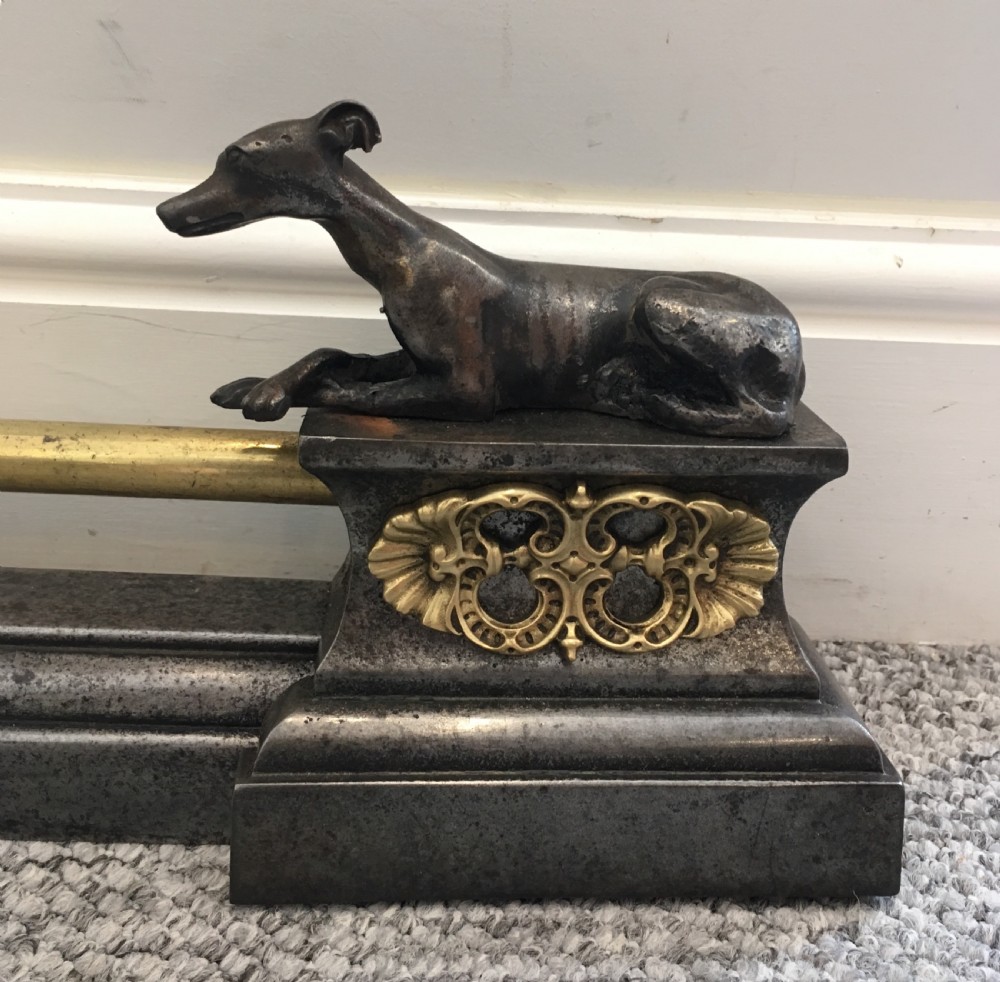 Antique Iron and Brass Extending Fire Fender with Greyhound Mounts View III